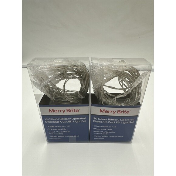 2 Merry Brite 20 Count Battery Operated Diamond Cut LED Light Set Warm White NEW - Picture 1 of 5